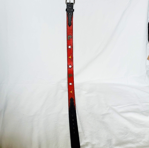 Western Red Leather Belt w/Handmade Details 30" - Picture 4 of 8